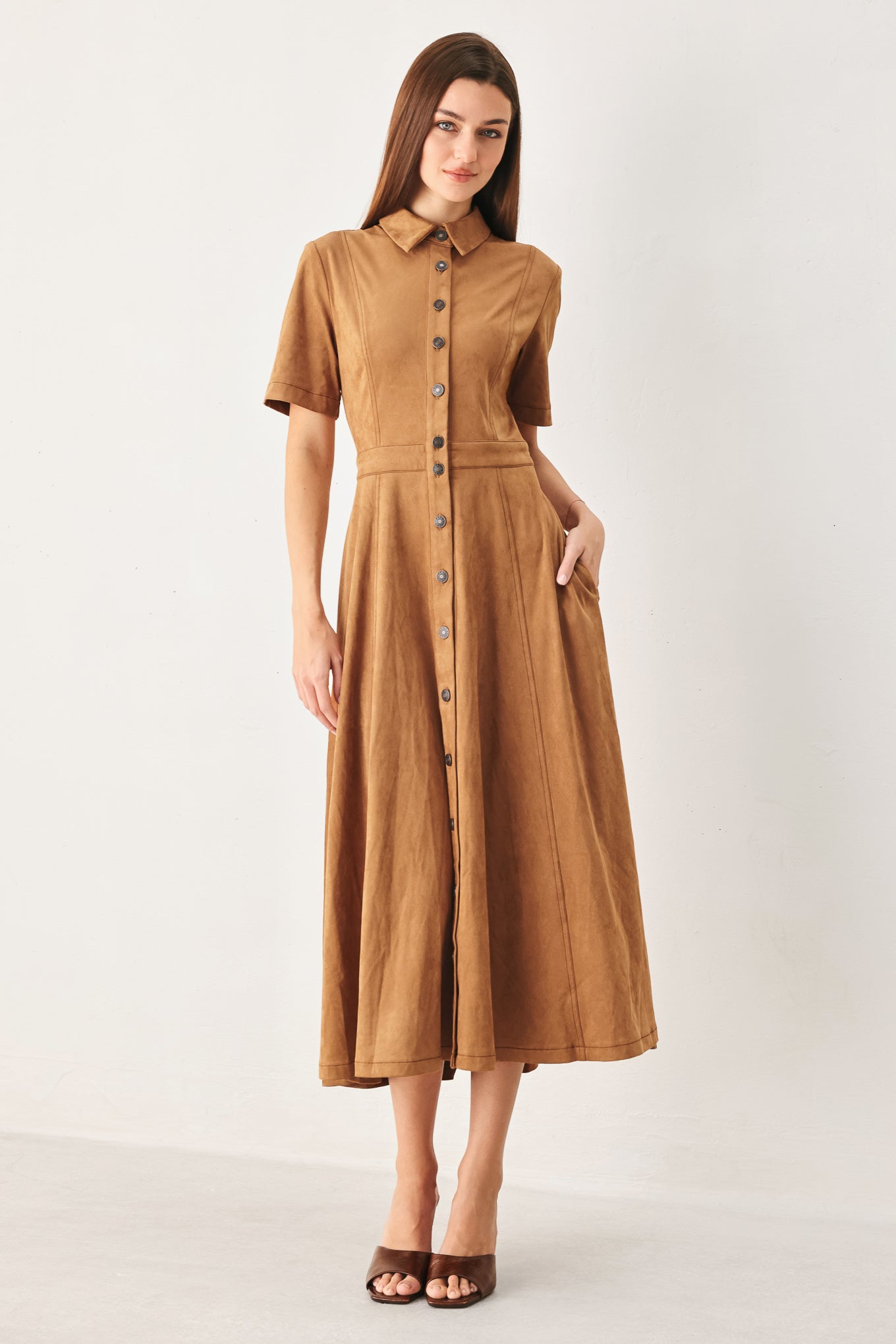 DARLING CAME FAUX SUEDE MIDI SHIRT DRESS