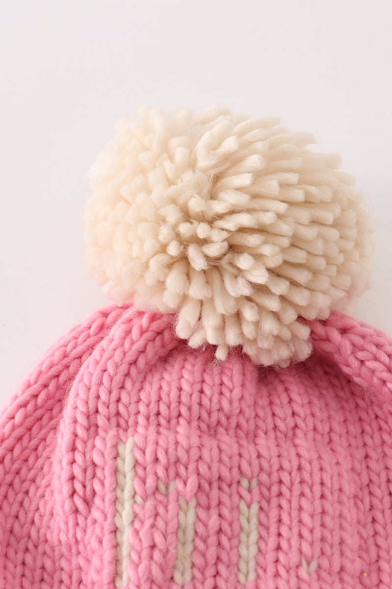 Pink pompom hi cable beanie hat