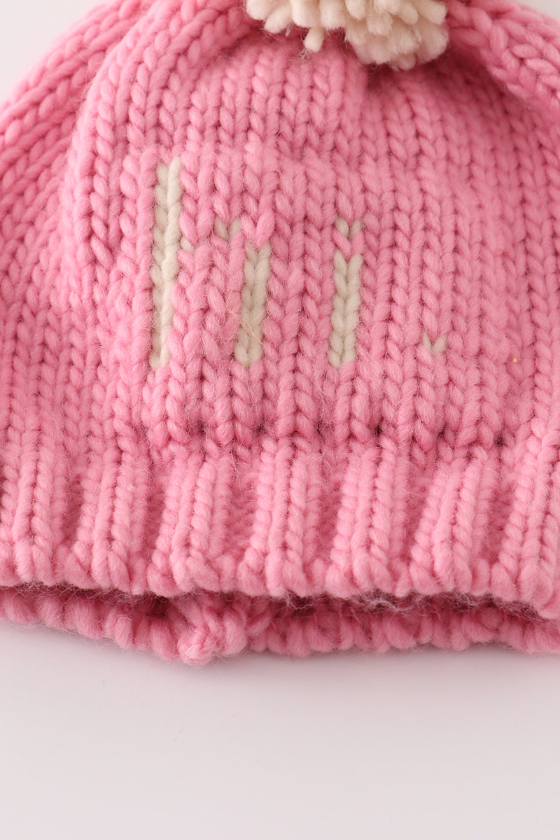 Pink pompom hi cable beanie hat