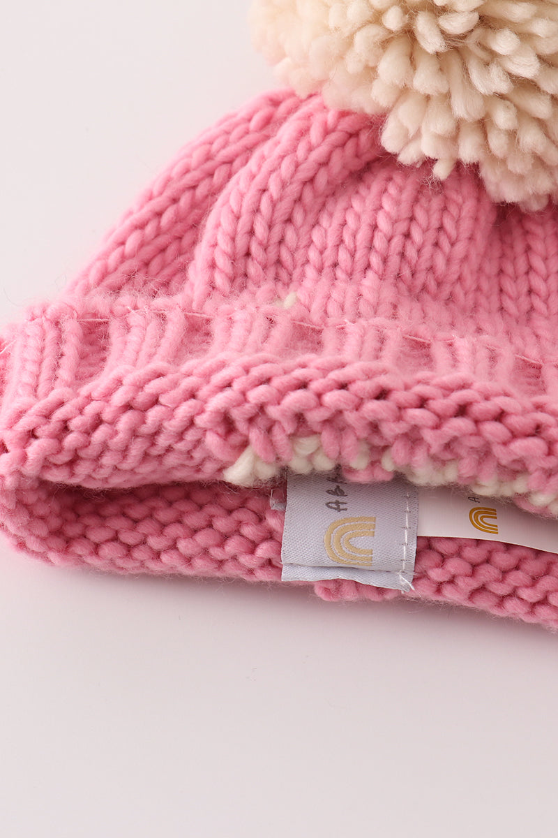 Pink pompom hi cable beanie hat