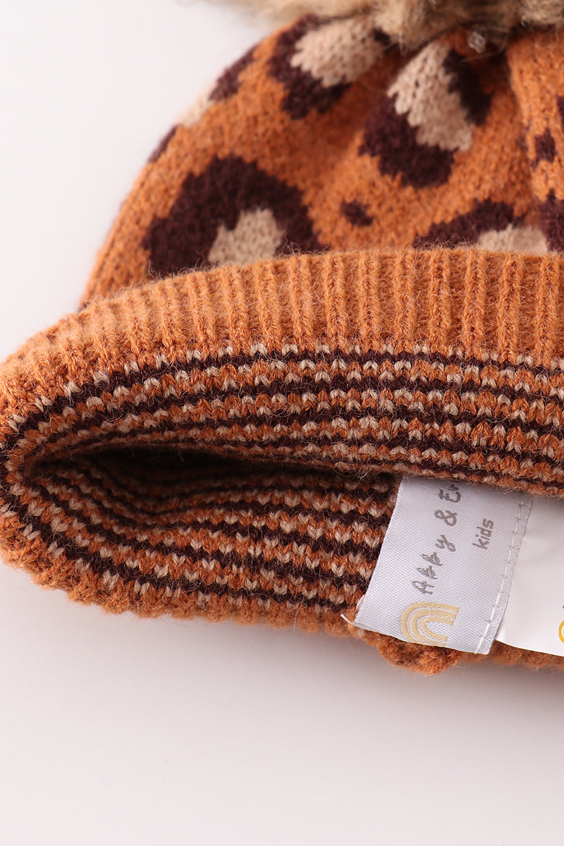 Brown pompom leopard cable beanie hat