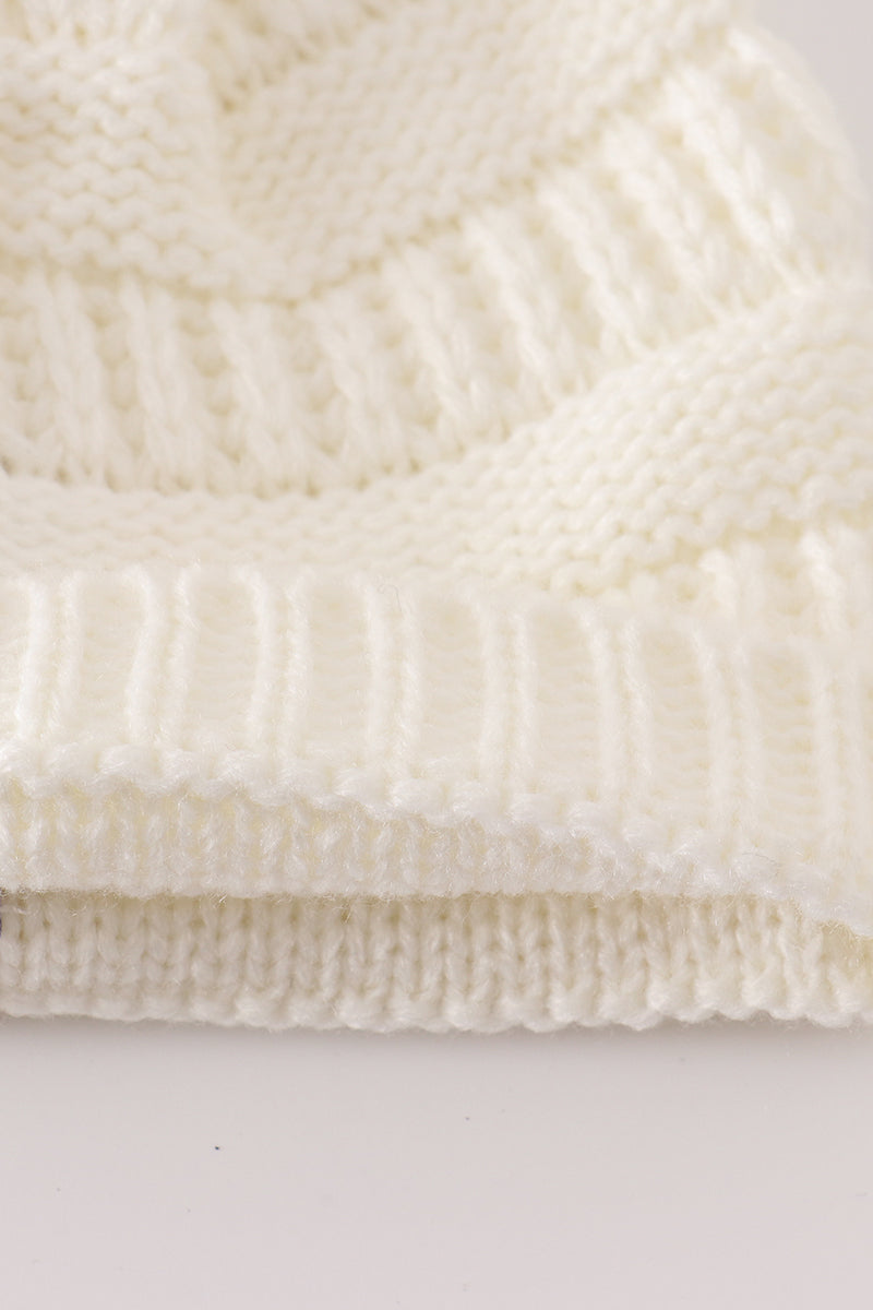 Ivory pompom cable beanie hat