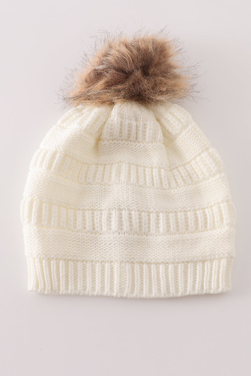 Ivory pompom cable beanie hat