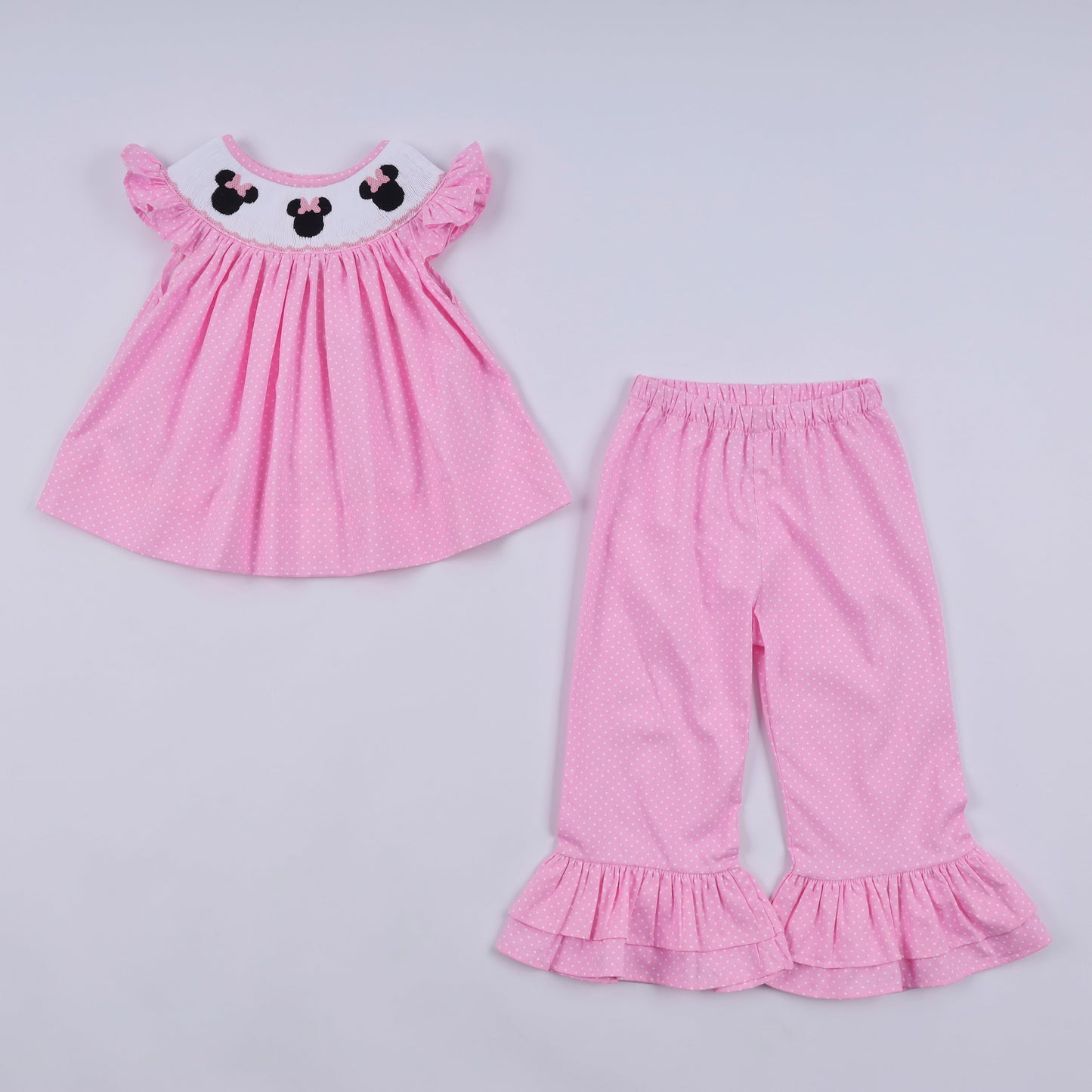 Pink character hand smocked dot ruffle pants set