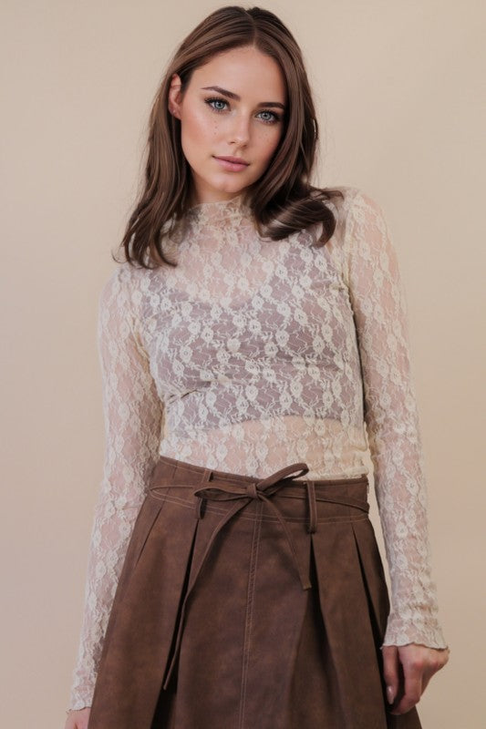 High Neck Fitted Sheer Mesh Lace Knit Top