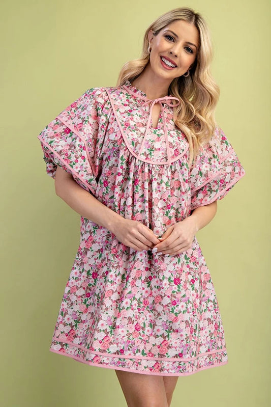 Floral Print Babydoll Dress with Short Balloon Sleeves and Contrast Binding Details