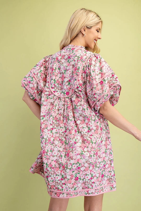 Floral Print Babydoll Dress with Short Balloon Sleeves and Contrast Binding Details