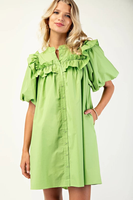 Puff Sleeve Mini Dress with Mandarin Collar and Ruffle Details