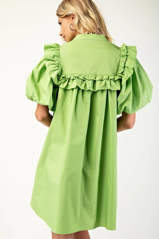 Puff Sleeve Mini Dress with Mandarin Collar and Ruffle Details