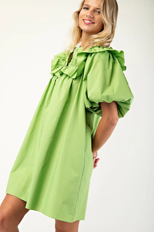 Puff Sleeve Mini Dress with Mandarin Collar and Ruffle Details