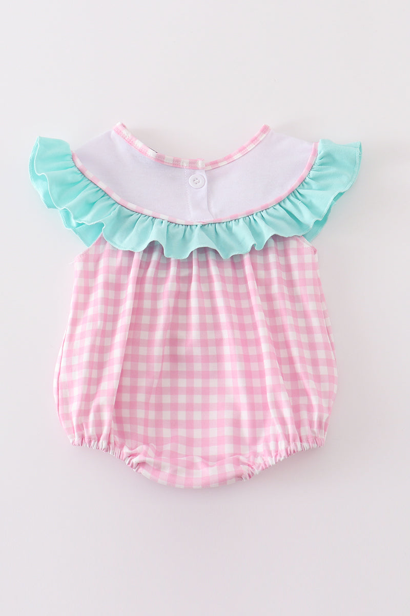 Pink tractor embroidery plaid girl bubble