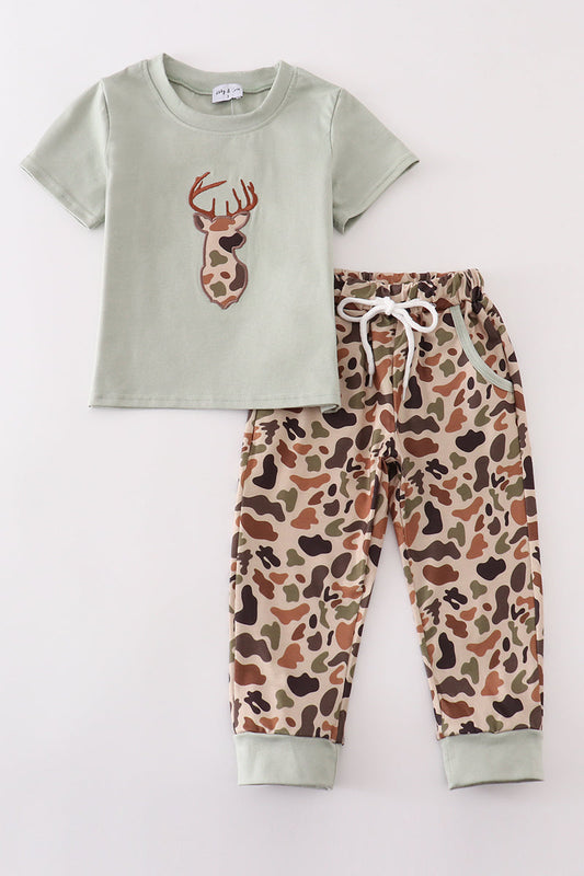 Sage camouflage deer applique pants set