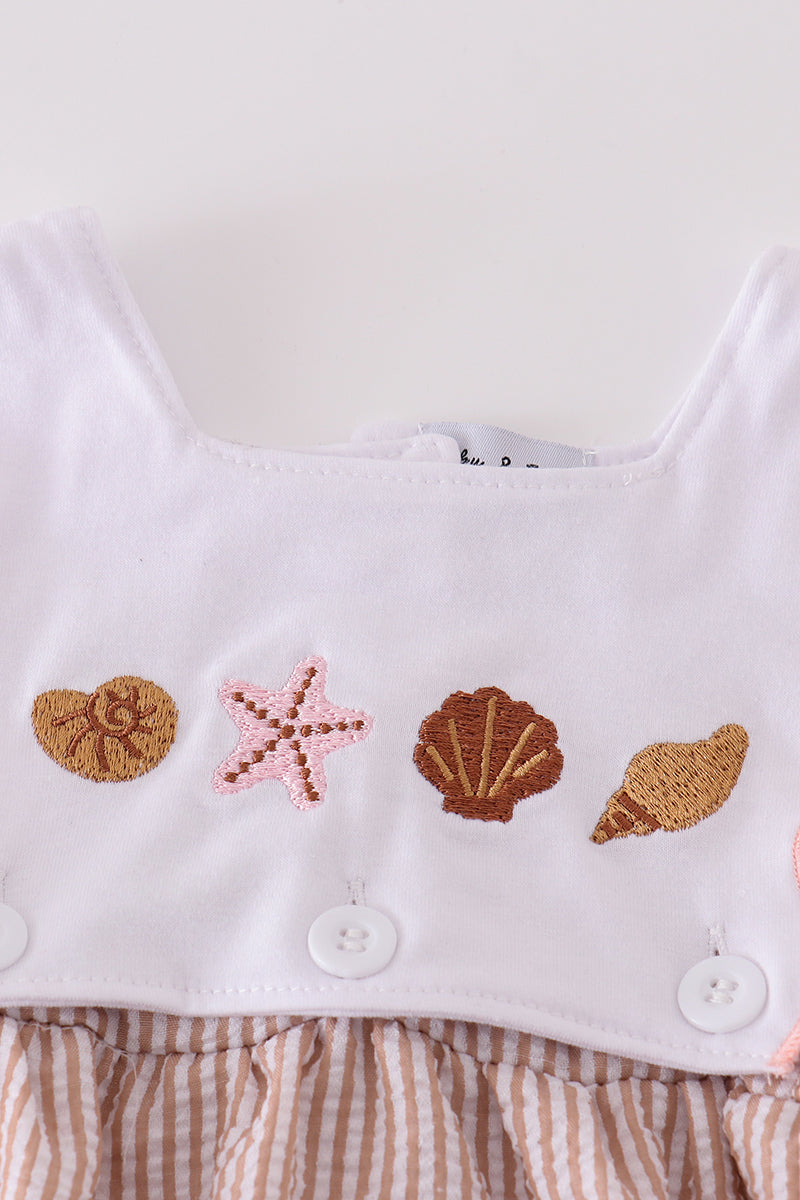 Brown Shell Starfish Embroidered Seersucker Bubble
