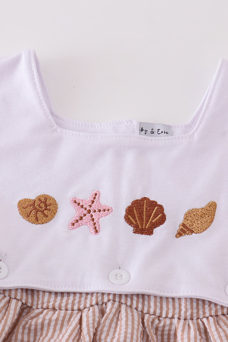 Brown Shell Starfish Embroidered Seersucker Dress