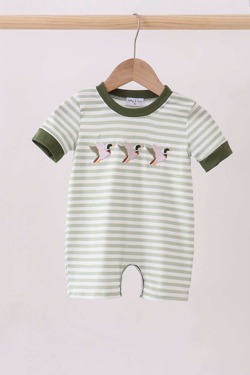 Green Duck Embroidered Stripe Romper