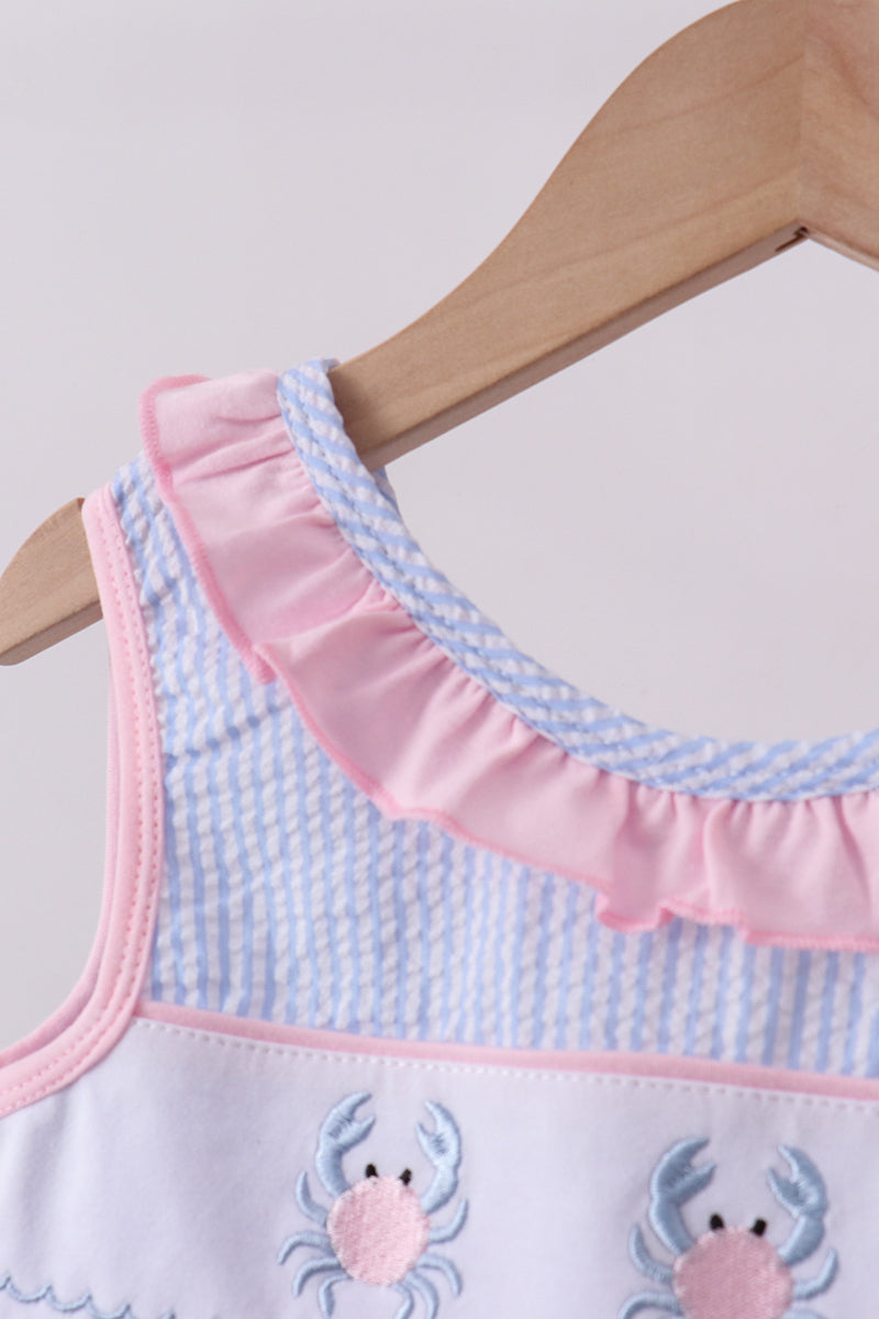 Blue Crab Embroidered Seersucker Ruffle Shorts Set