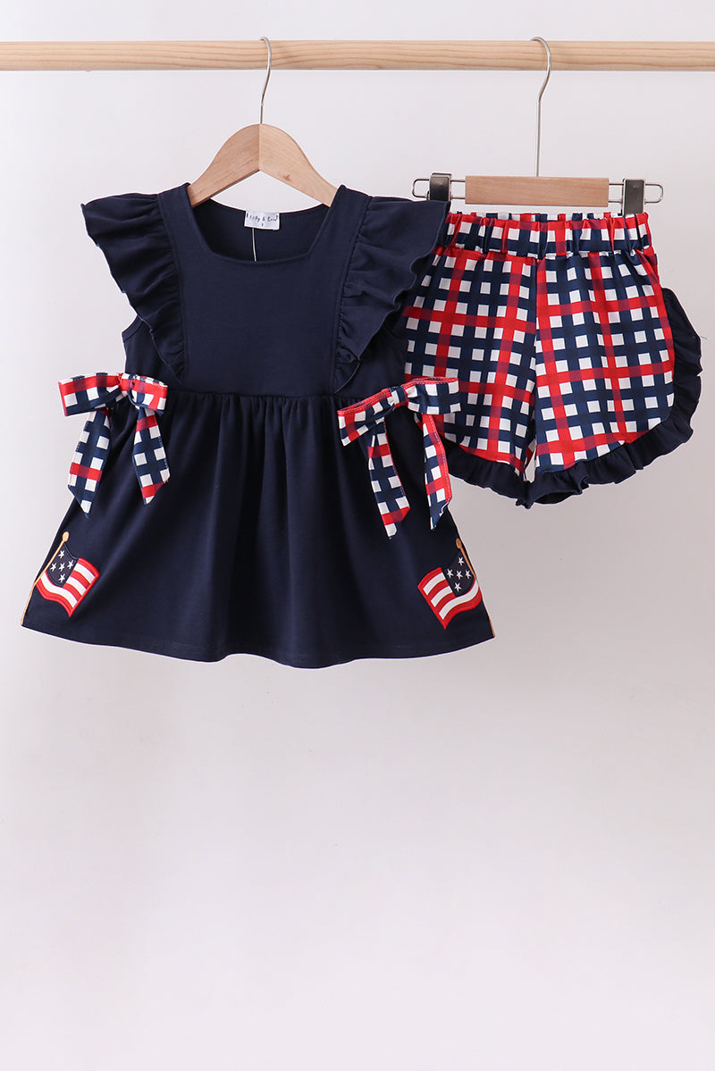 Navy flag applique gingham ruffle shorts set