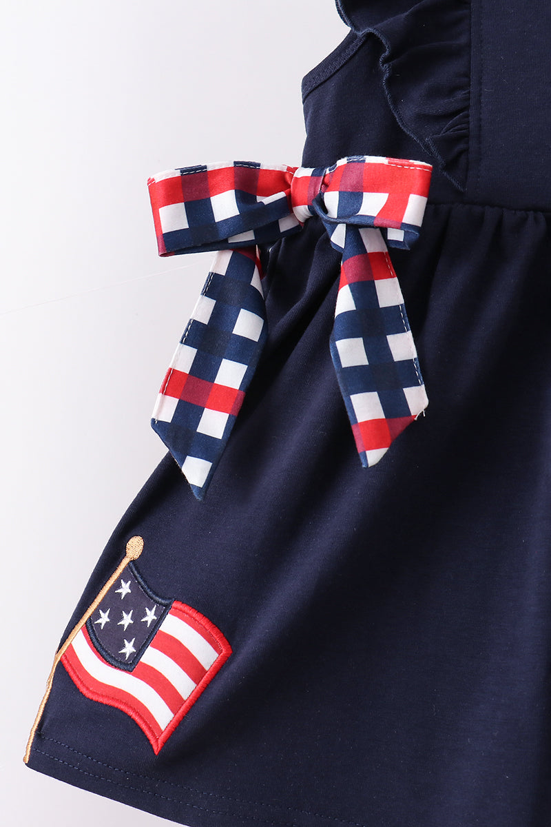 Navy flag applique gingham ruffle shorts set