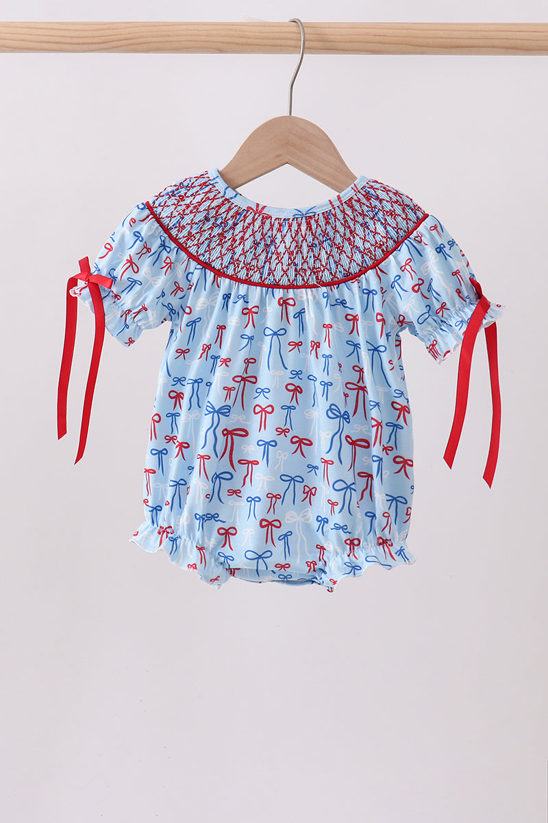 Blue bow smocked bubble