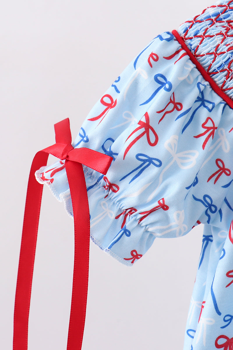 Blue bow smocked bubble