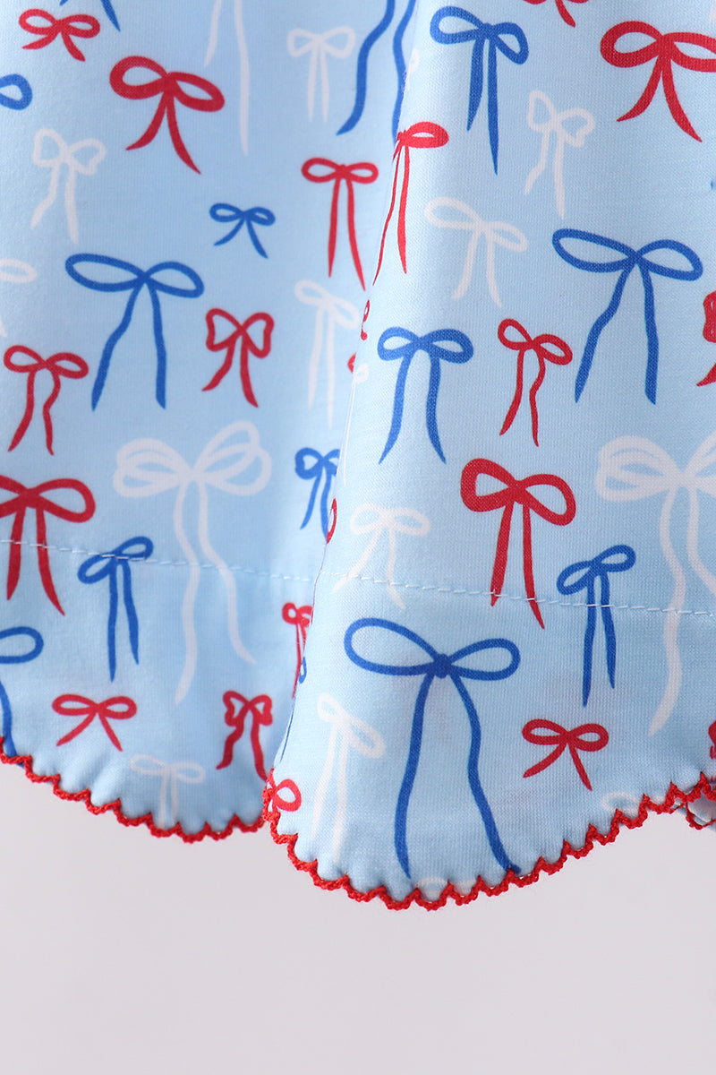 Blue bow smocked ruffle shorts set