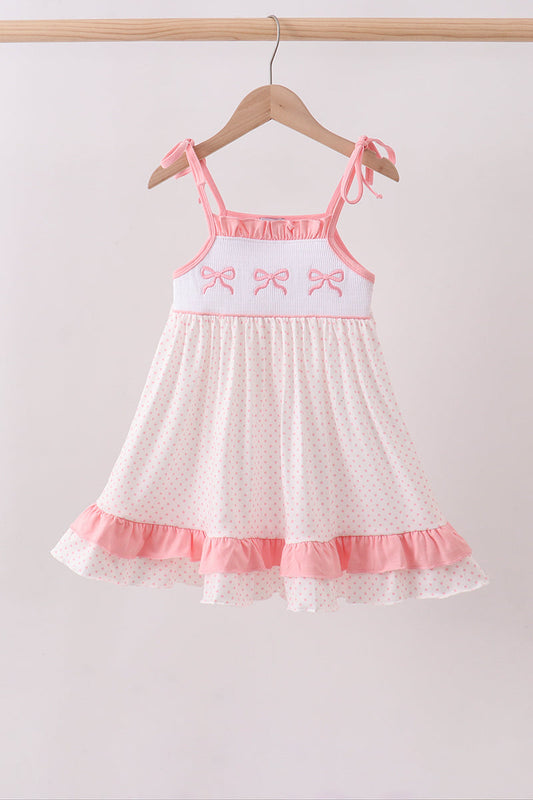Pink bow smocked dot ruffle dress