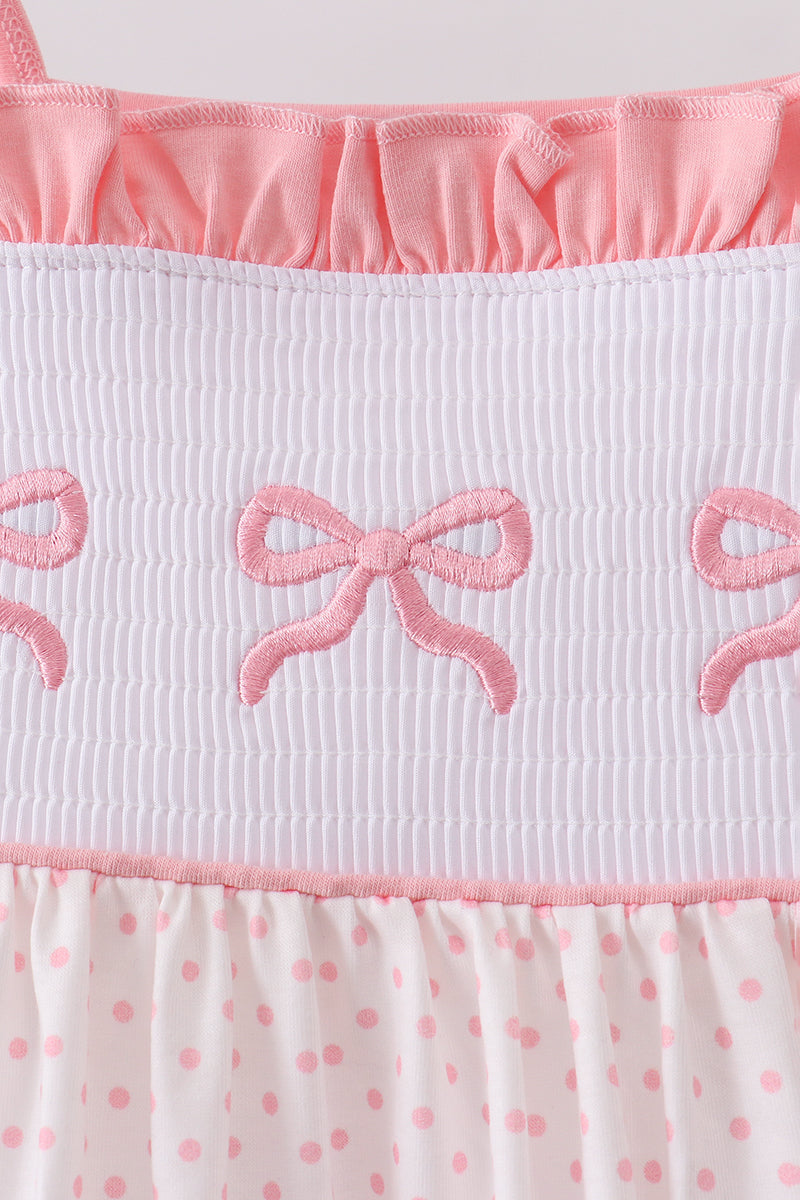 Pink bow smocked dot ruffle dress