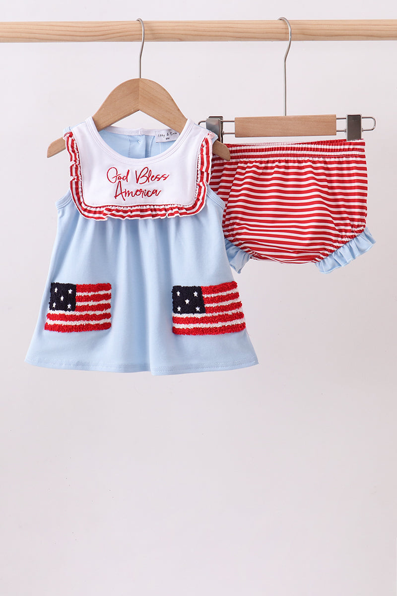 Blue god bless America flag french knot ruffle bloomer set