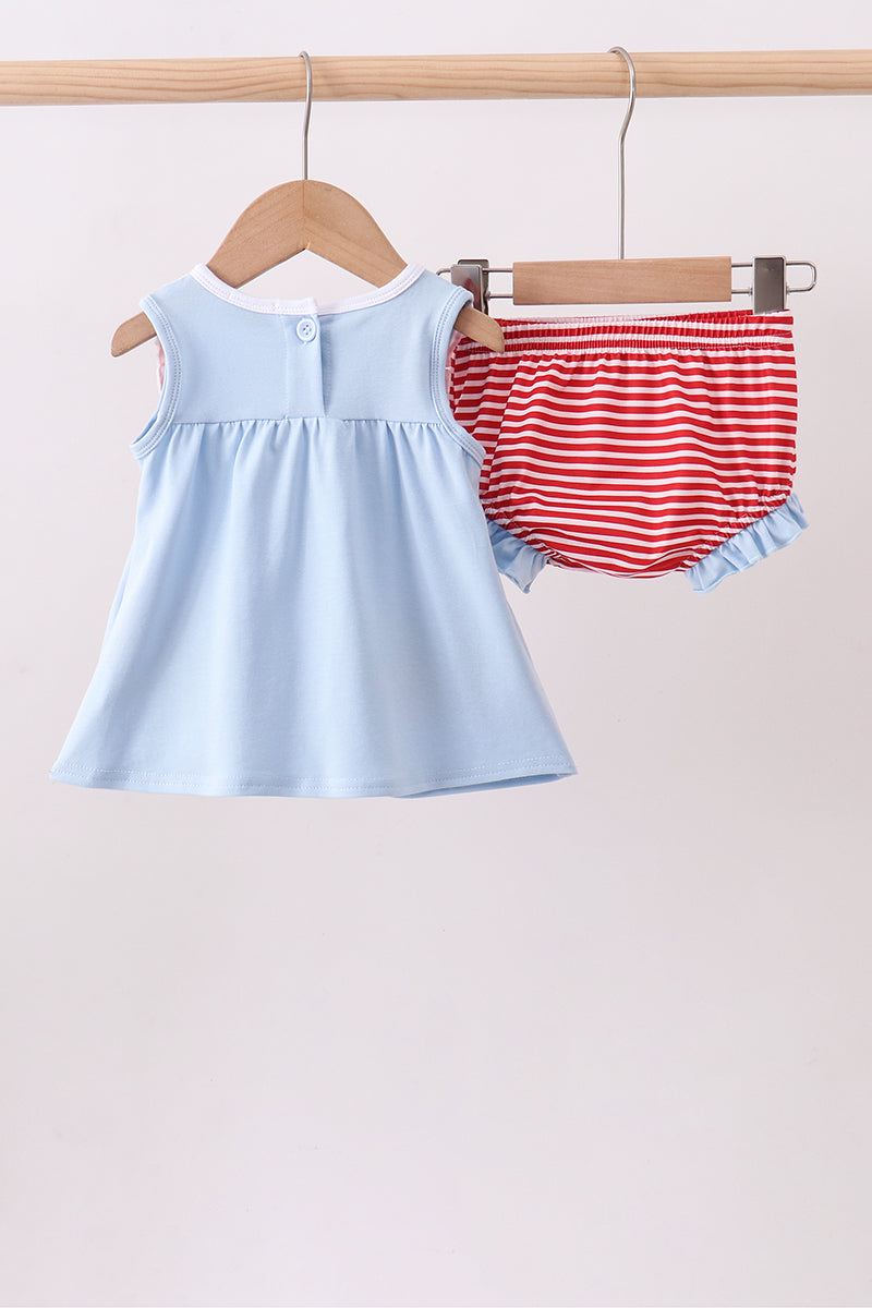 Blue god bless America flag french knot ruffle bloomer set