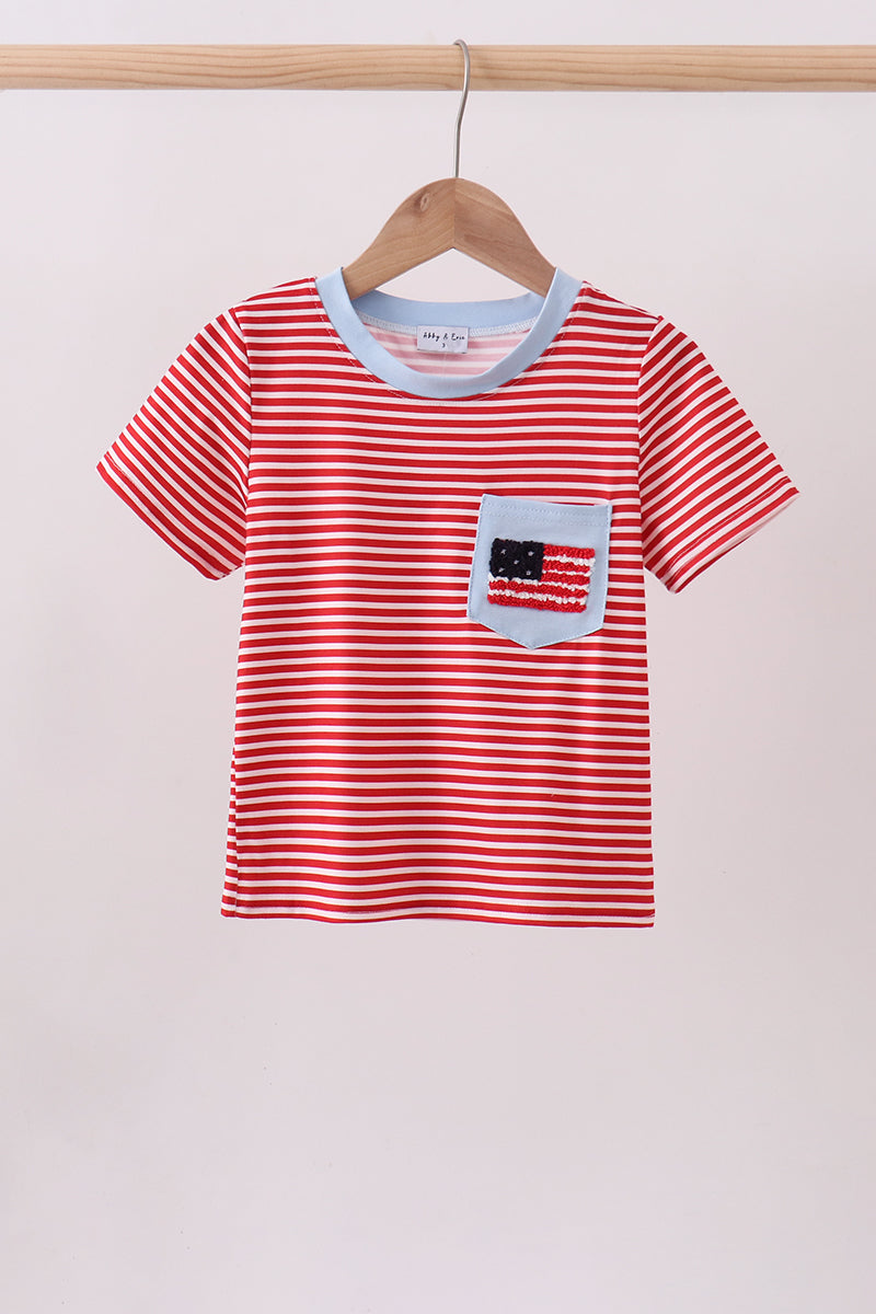 Red stripe flag french knot top