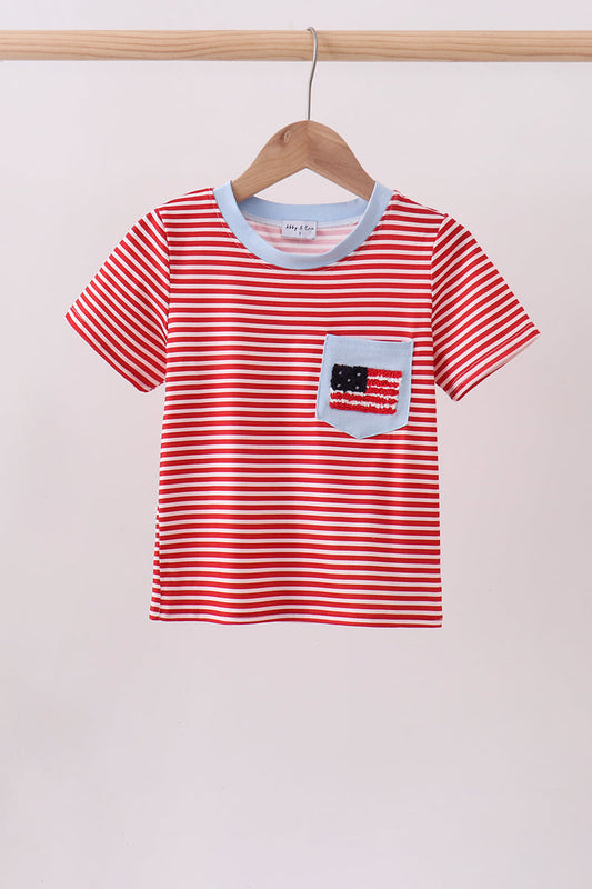 Red stripe flag french knot top