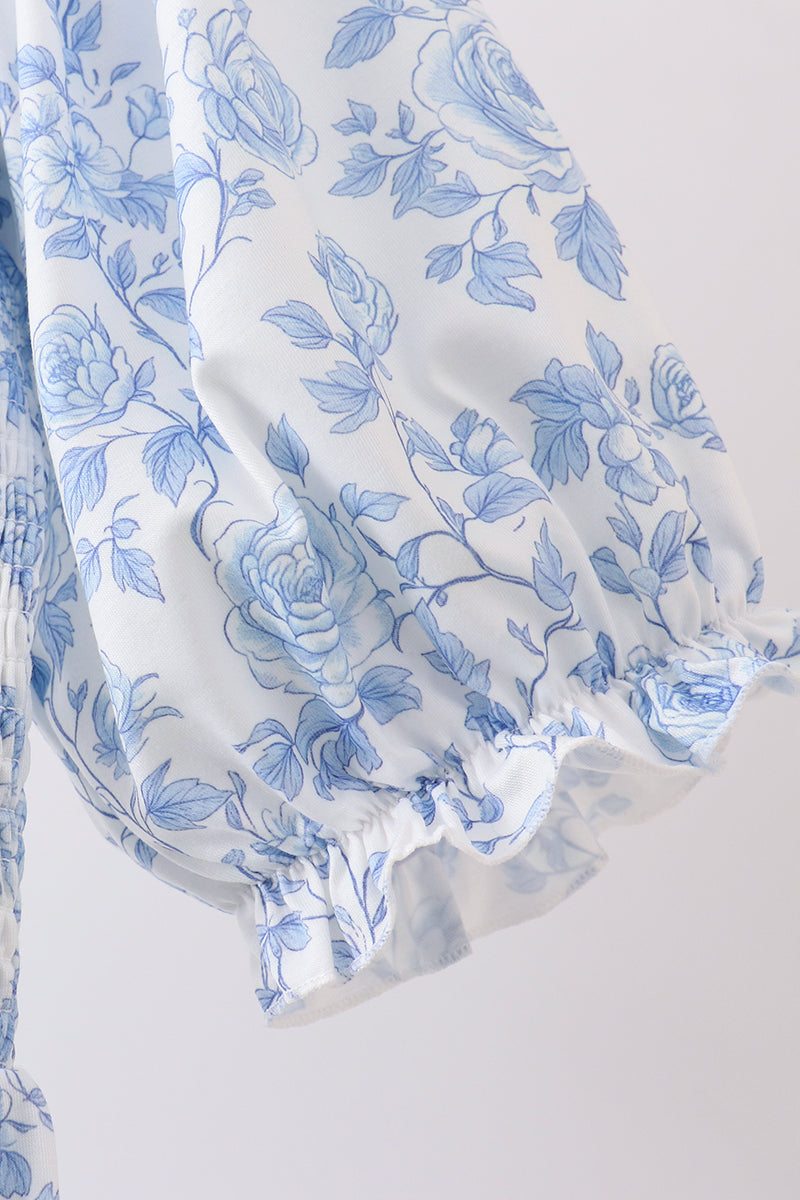Blue rose smocked ruffle dress (length 41.33in)