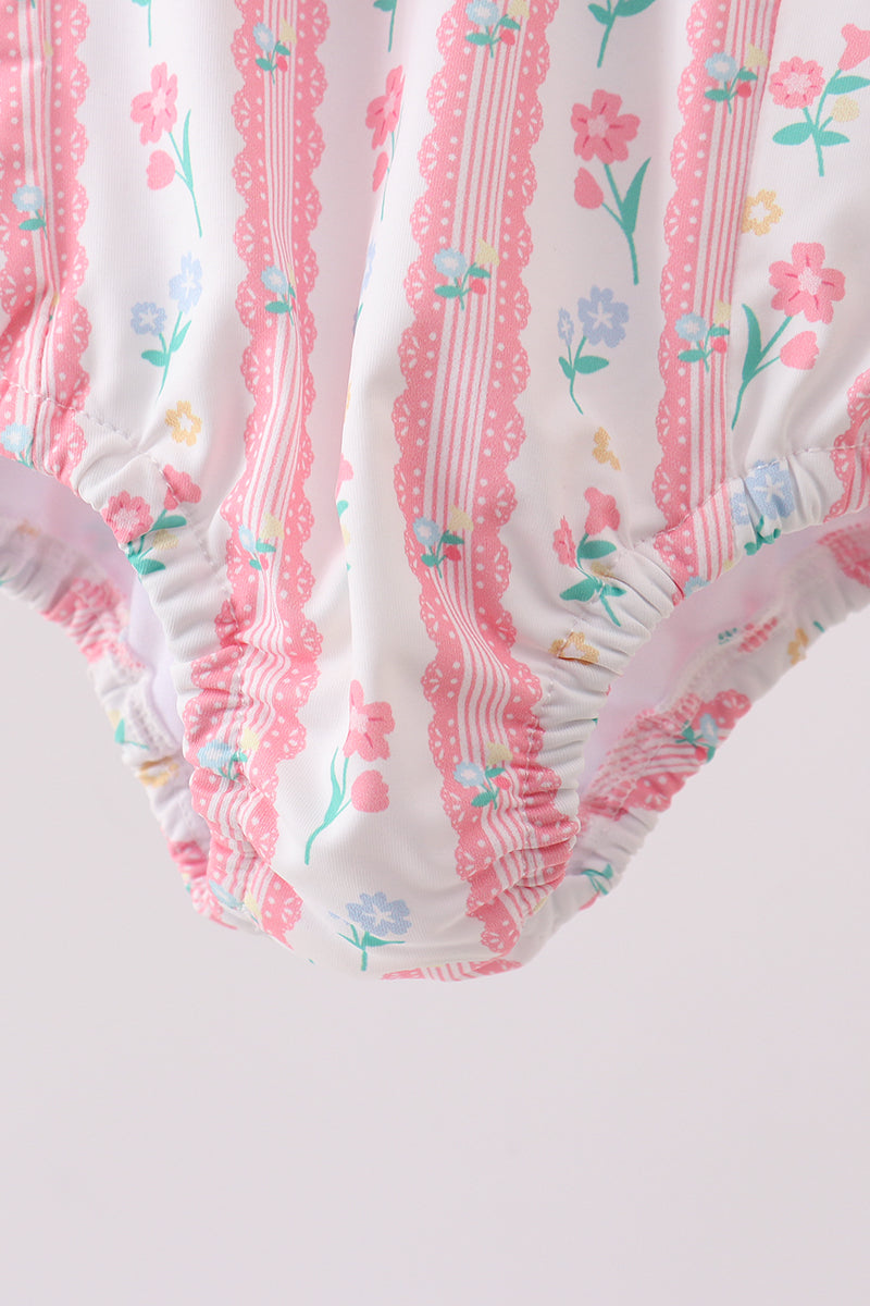 Blush floral print ruffle bow swimsuit