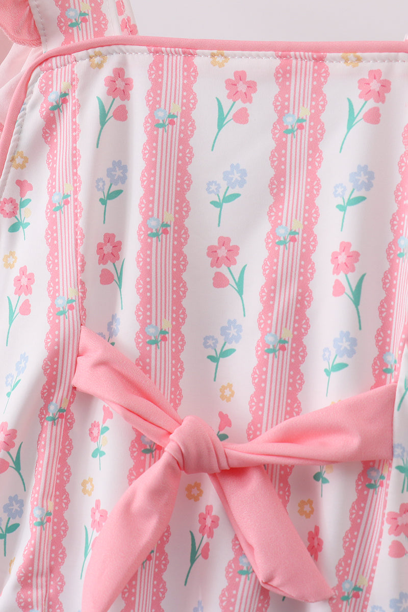 Blush floral print ruffle bow swimsuit