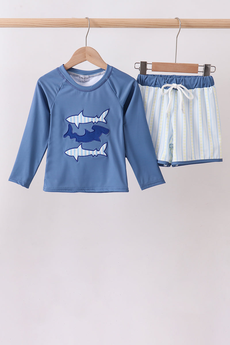 Blue shark applique stripe 2pc swimsuit