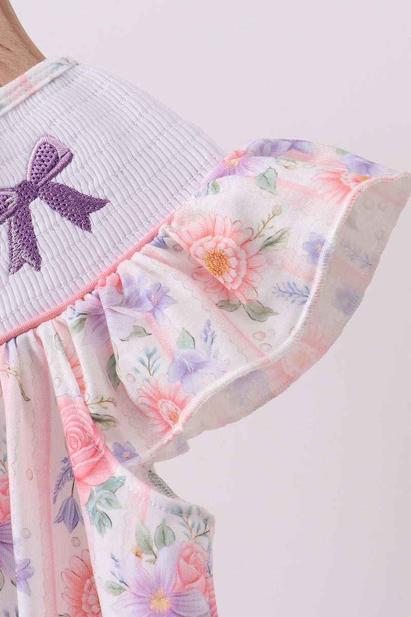 Purple rose bow smocked ruffle dress
