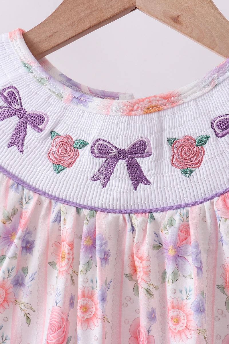 Purple rose bow smocked ruffle dress