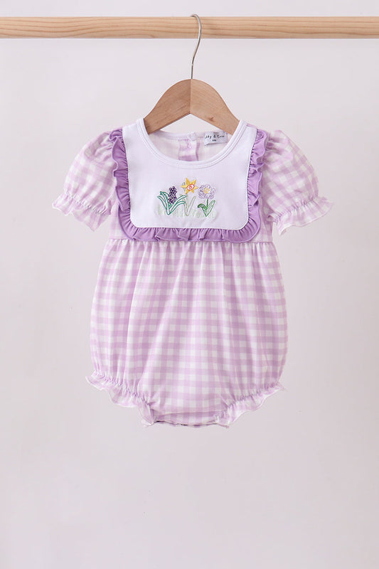 Purple floral embroidery gingham ruffle bubble