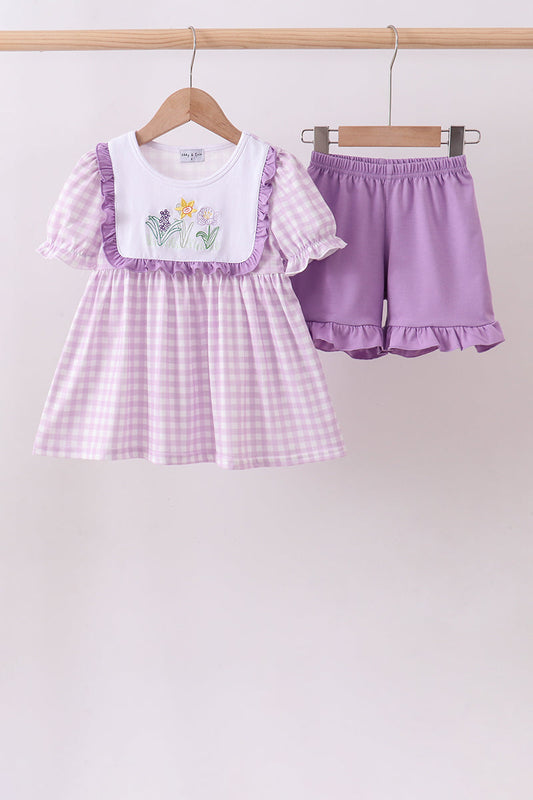 Purple floral embroidery gingham ruffle shorts set