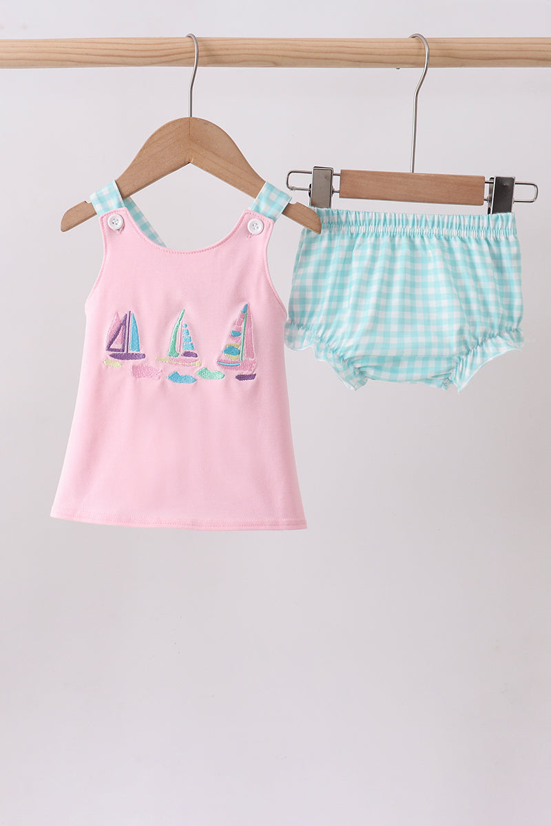 Pink sailboat embroidery bloomer set