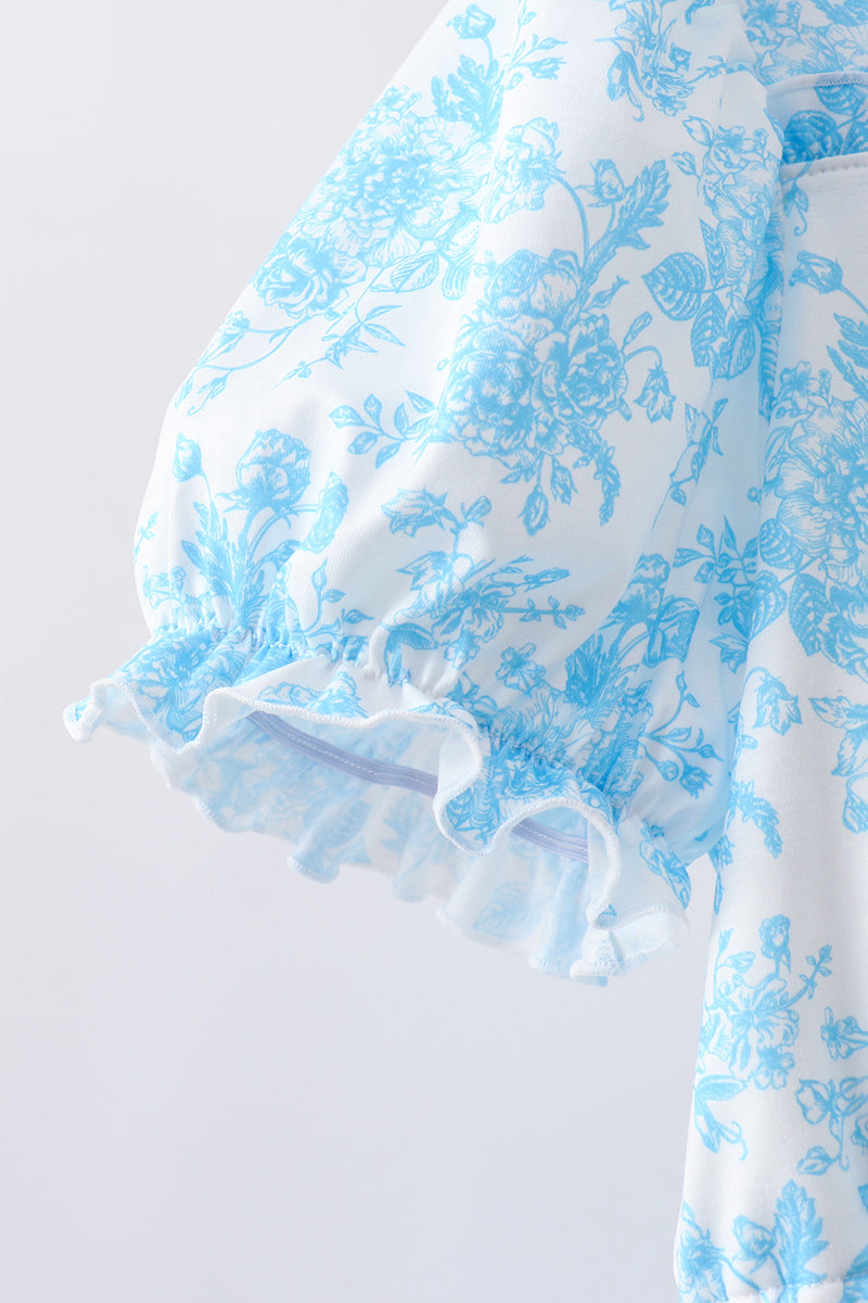 Blue rose print women dress