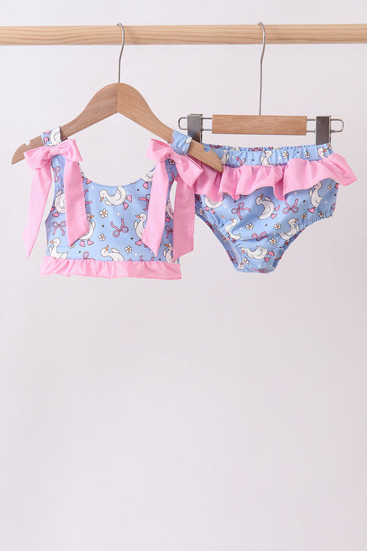 Purple duck print bow ruffle 2pc swimsuit