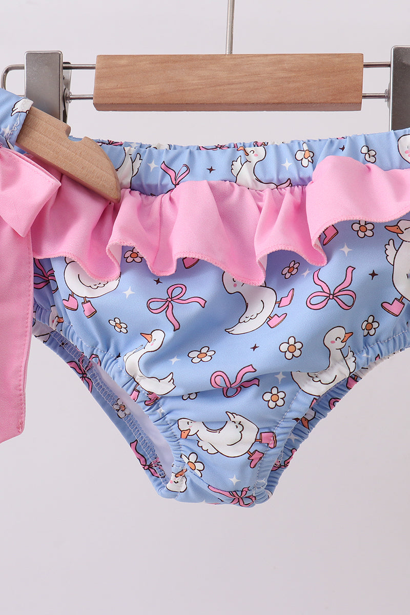 Purple duck print bow ruffle 2pc swimsuit