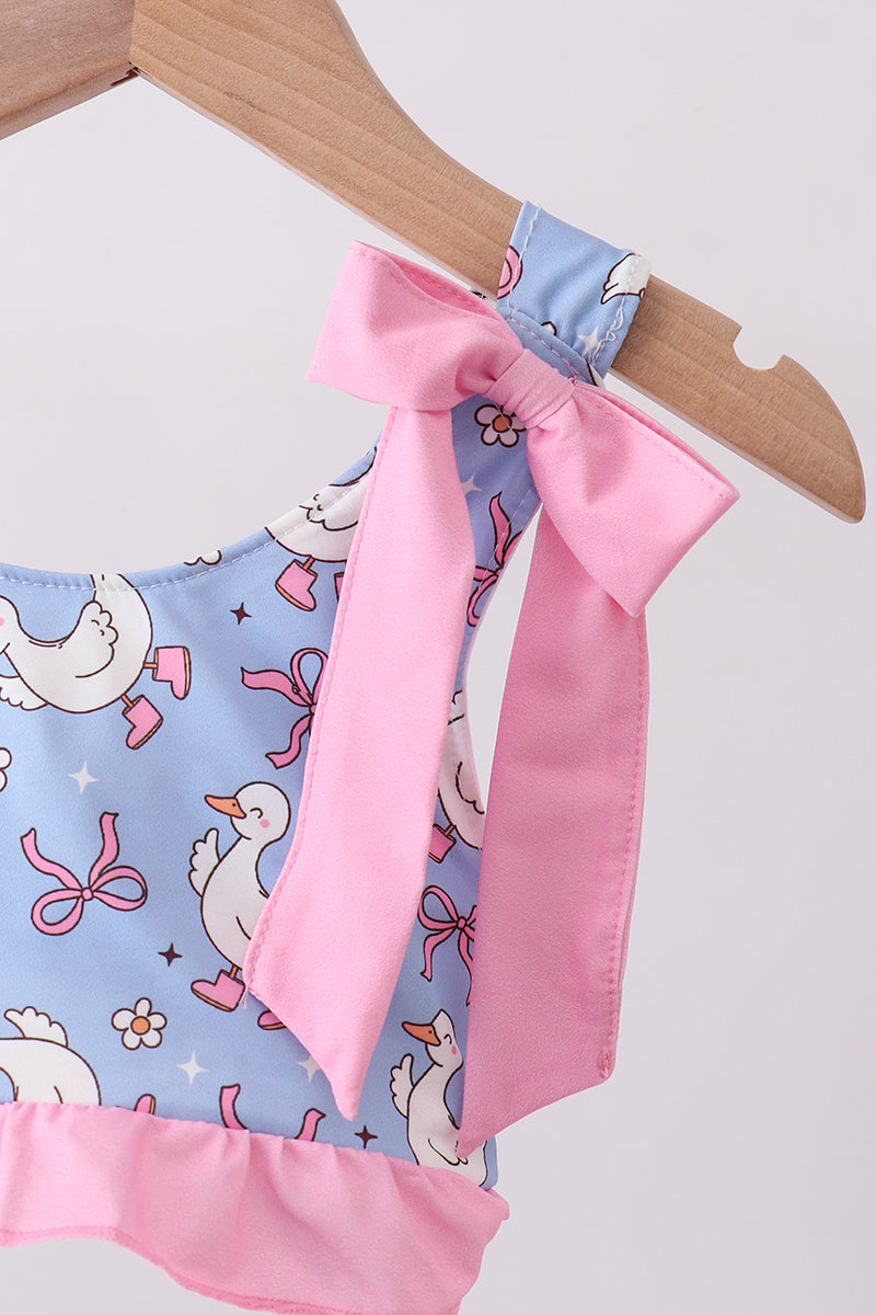 Purple duck print bow ruffle 2pc swimsuit