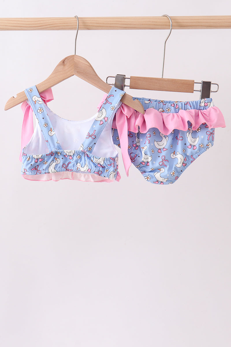 Purple duck print bow ruffle 2pc swimsuit