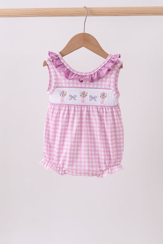 Pink floral bow smocked ruffle bubble