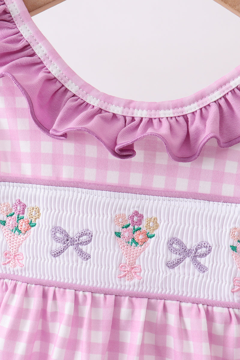 Pink floral bow smocked ruffle bubble