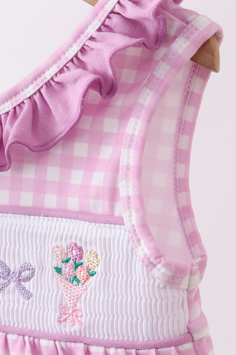 Pink floral bow smocked ruffle bubble