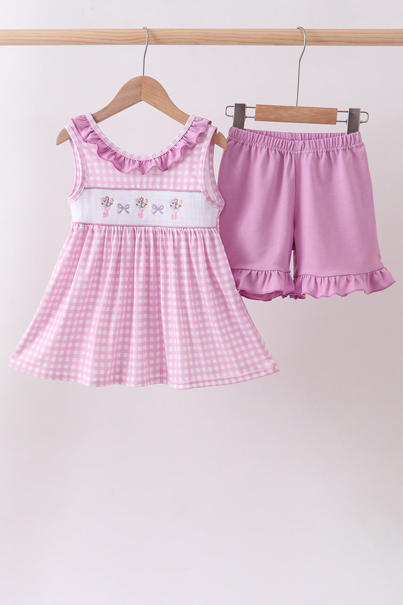 Pink floral bow smocked ruffle shorts set