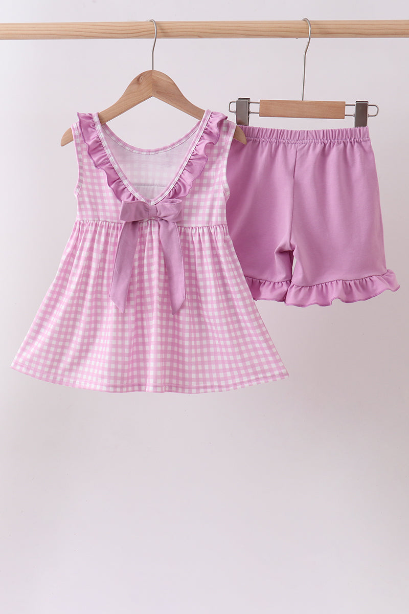 Pink floral bow smocked ruffle shorts set